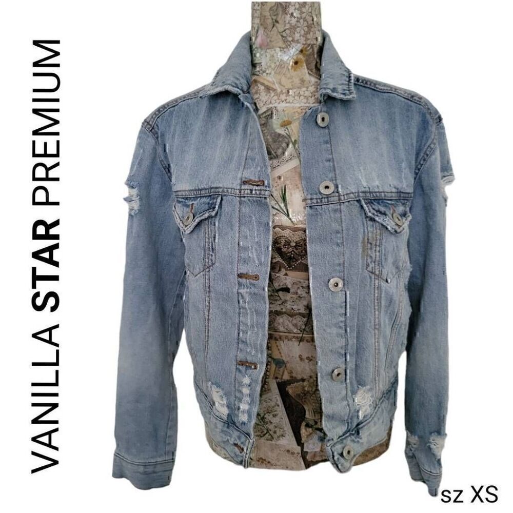 Vanilla Star Premium Distressed Ripped Torn Faded Light Blue Denim Jean Jacket